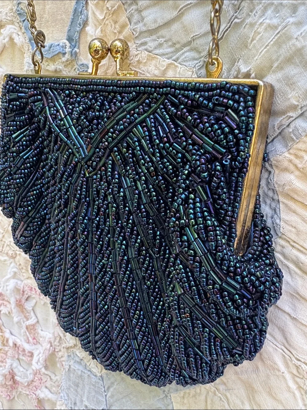 Vintage La Regale Navy Beaded Shell Clutch with Gold Chain